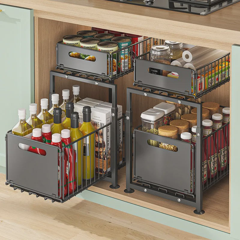 2-Laags Uittrekbare Kast Organizer - Verstelbare Keuken Opbergmand Onder Spoelbak