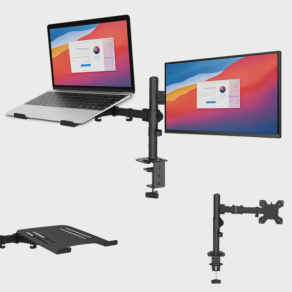 Ergonomische Dubbele Monitor Arm met Laptop Plank & Ventilatie - Ruimtebesparend Bureau Accessoire