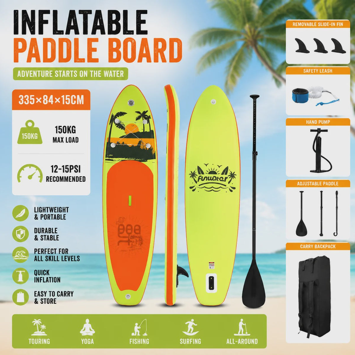FunWater Opblaasbaar SUP Board 335x84x15cm - Anti-slip, Complete Set