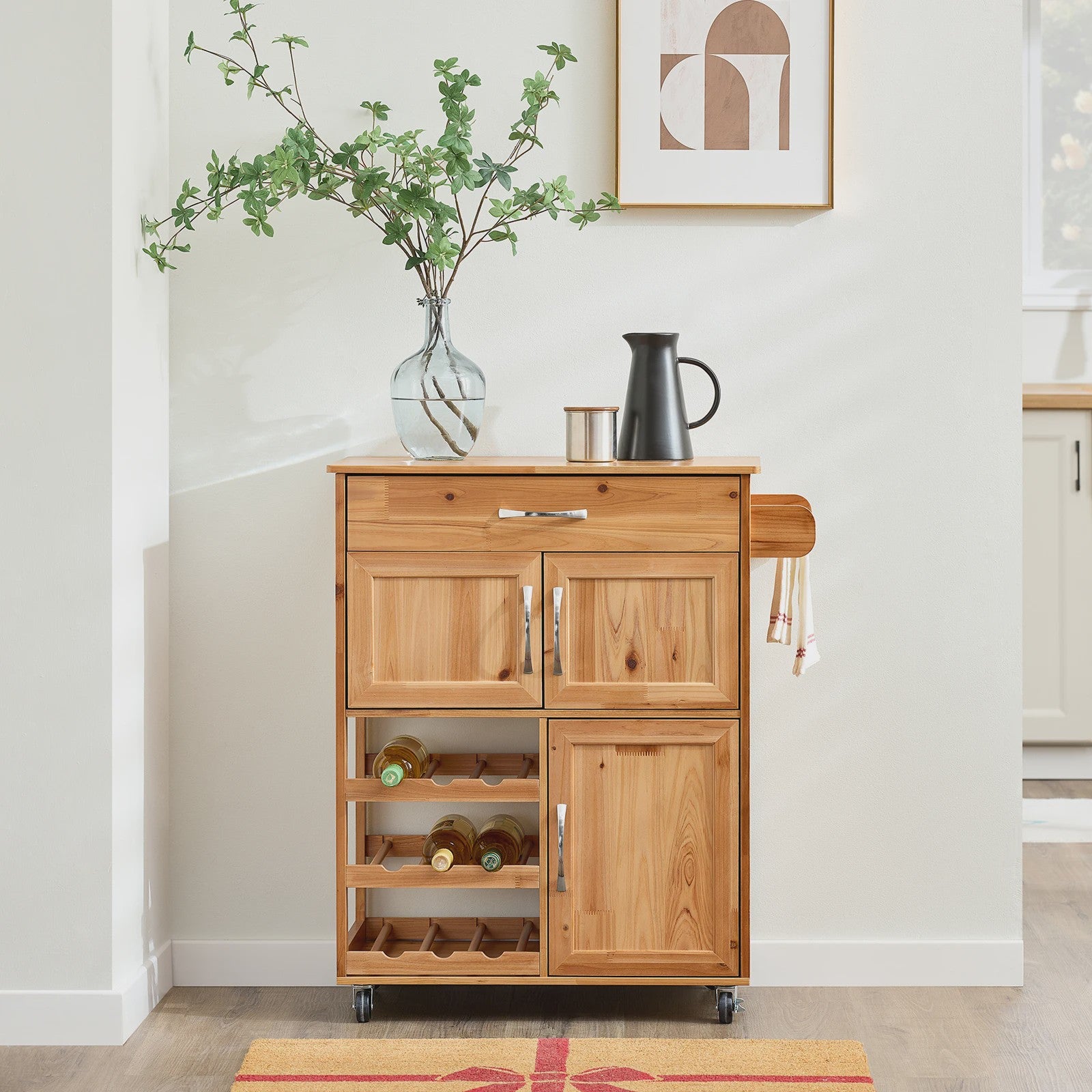 SoBuy FKW45 Keukentrolley met Werkblad - Massief Hout, Serveerwagen met Wielen - 75x86x38cm