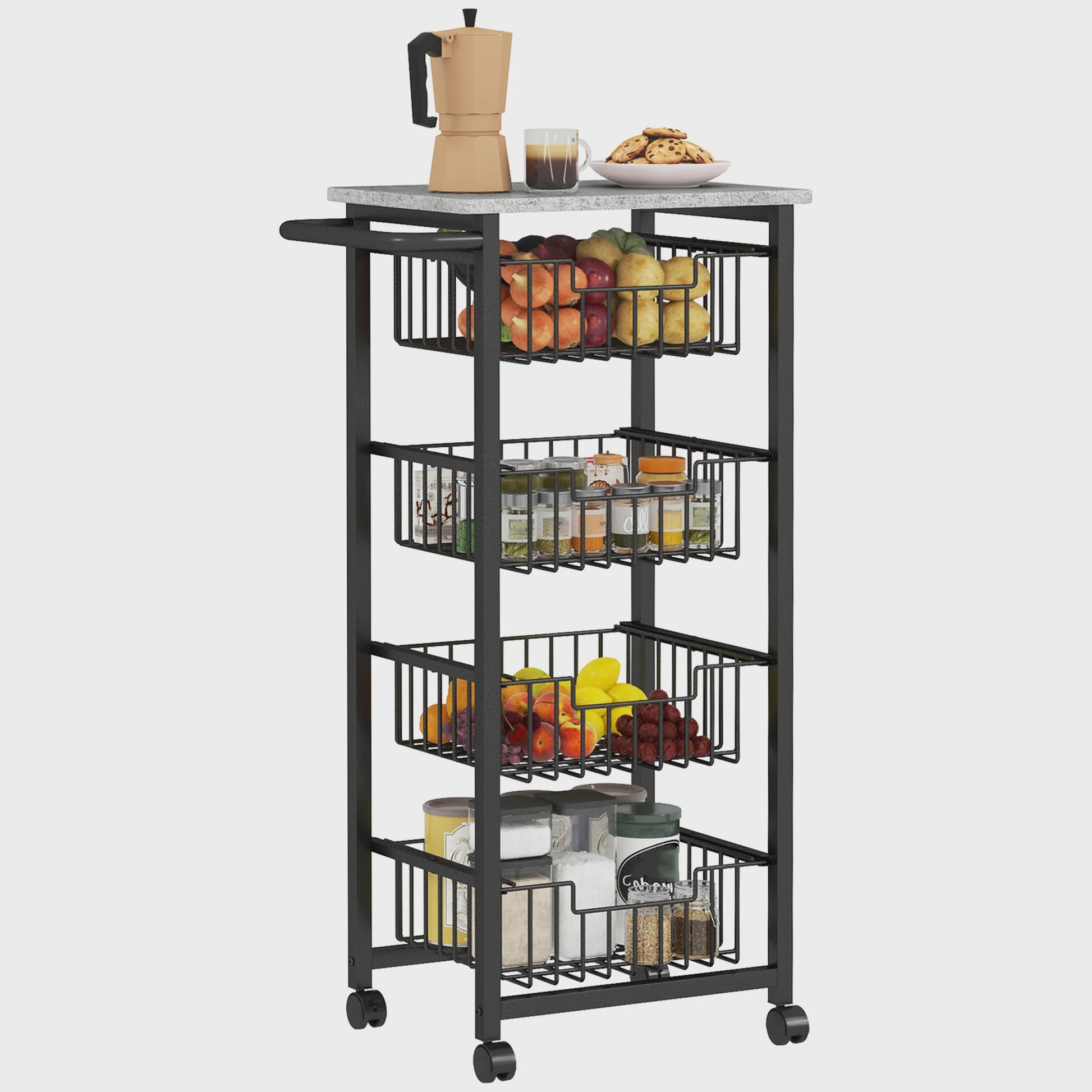 4-laags Serveerwagen met Wielen en Uitneembare Manden - Keuken Trolley