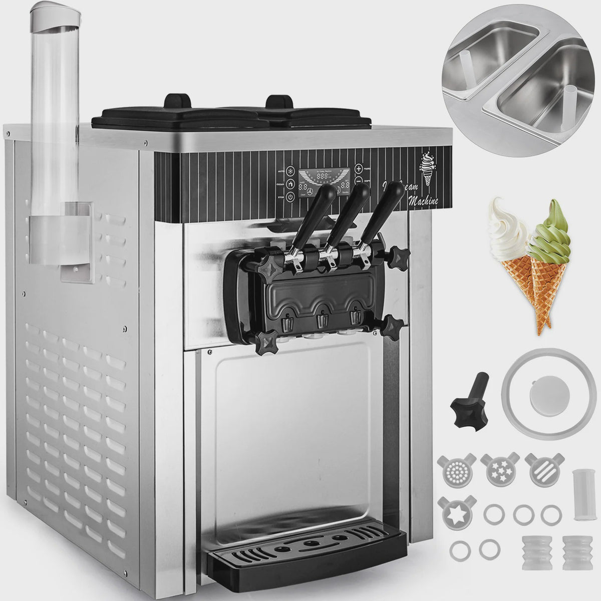 VEVOR Professionele Softijsmachine 3 Smaken 18L/U - 2+1 Smaken met 2200W Compressor
