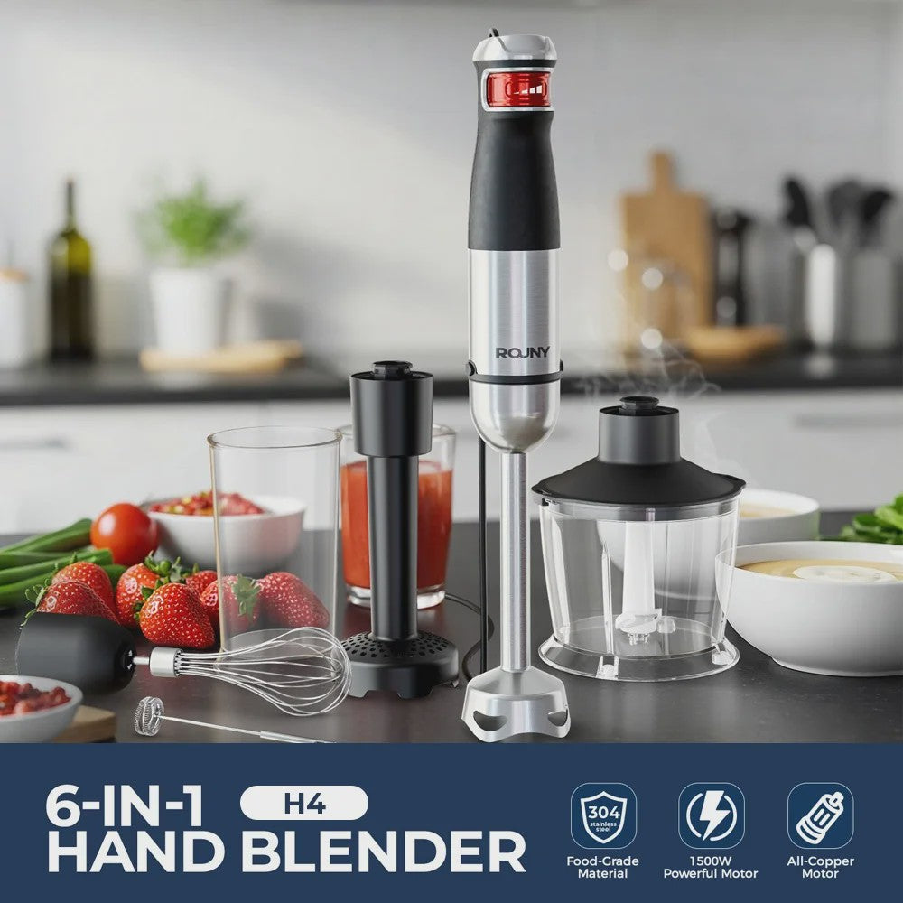 ROUNY 1500W Staafmixer Set 6-in-1 met RVS Staaf, Hakker, Garde & Maatbeker