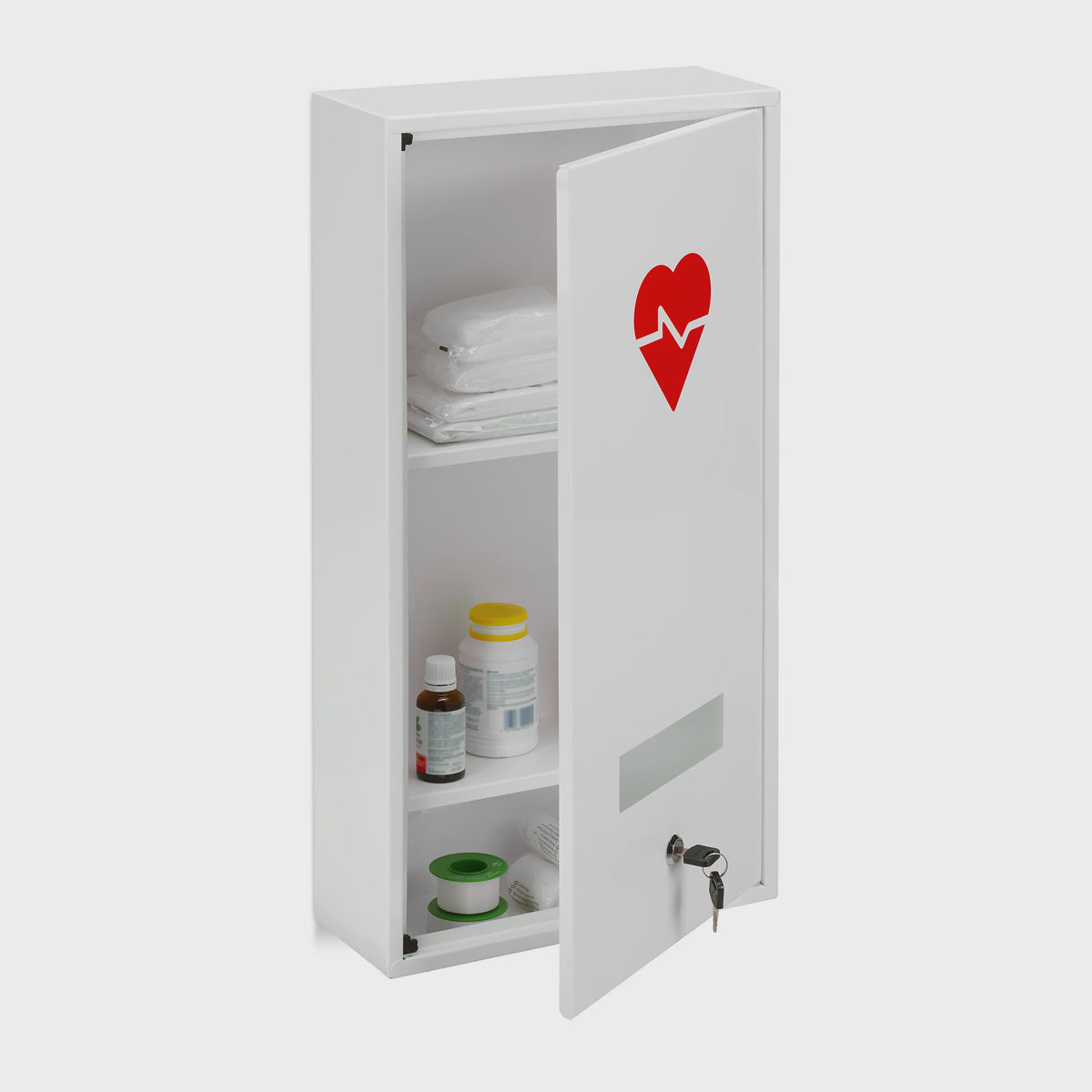 Afsluitbaar Medicijnkastje Wit met Rood Hart - 3 Vakken - Wandmontage - 60x30x12 cm