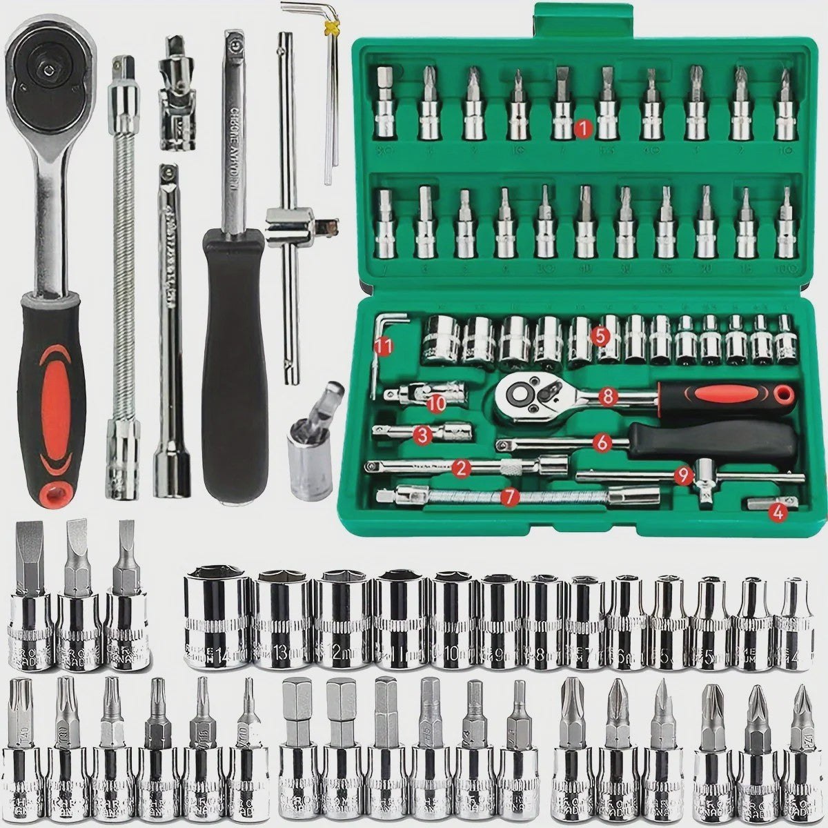 46-delige Monteurs Gereedschapskist: Complete Set met Ratel, Sockets en Bits voor Auto Reparatie en Huisgebruik
