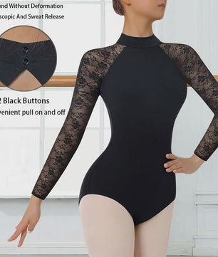 Dames Ballet Dans Leotard met Lange Mouwen, Turtleneck en Kant - Zwart