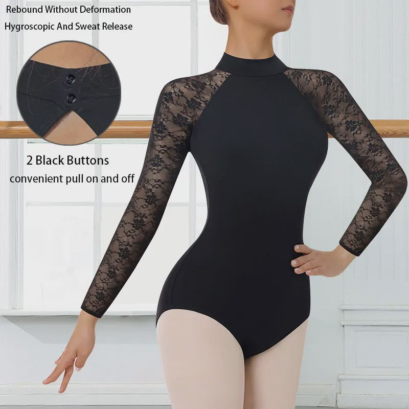 Dames Ballet Dans Leotard met Lange Mouwen, Turtleneck en Kant - Zwart