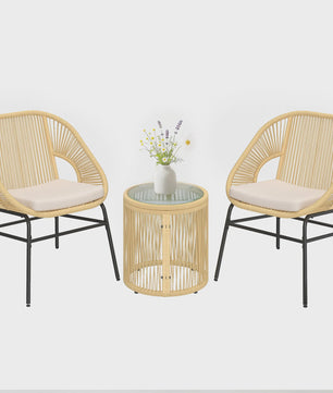Outsunny Balkon Bistro Set - 3 Delig met 2 Comfortabele Stoelen en Glazen Tafel - Beige