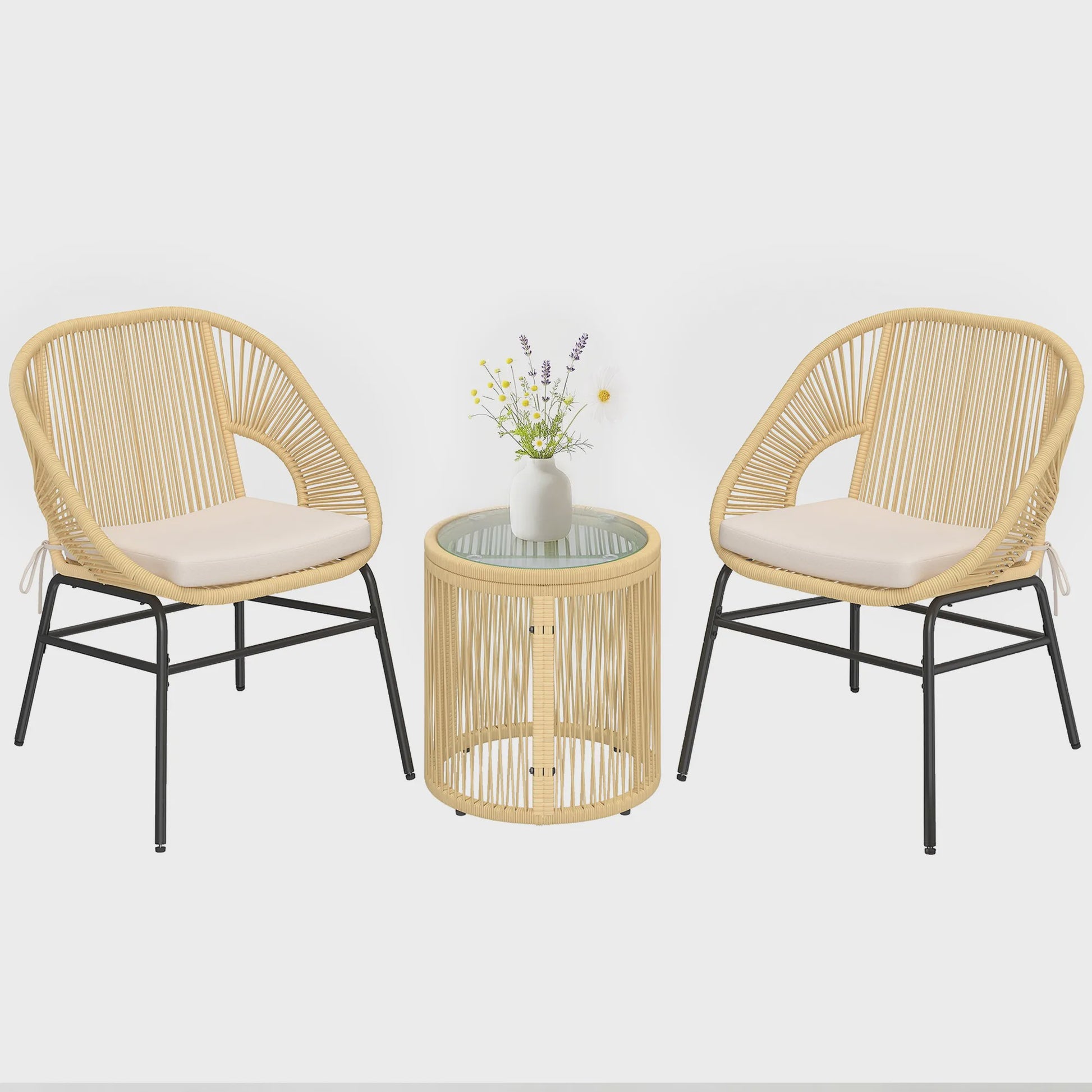 Outsunny Balkon Bistro Set - 3 Delig met 2 Comfortabele Stoelen en Glazen Tafel - Beige