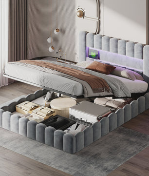 Luxe Gestoffeerd Dubbel Bed met LED Verlichting en USB Poort - Zonder Matras
