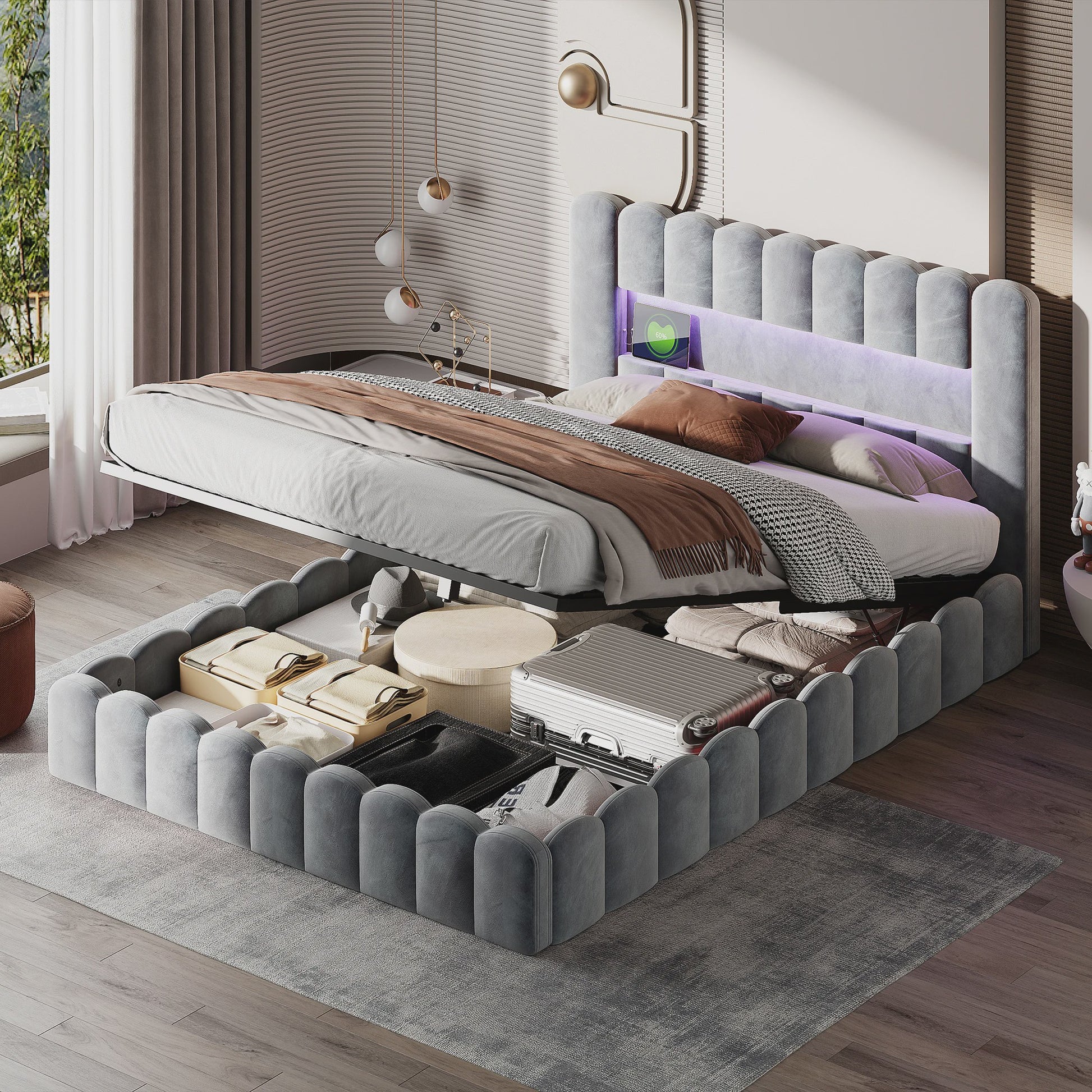Luxe Gestoffeerd Dubbel Bed met LED Verlichting en USB Poort - Zonder Matras