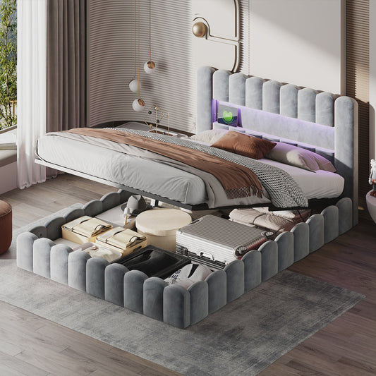 Luxe Gestoffeerd Dubbel Bed met LED Verlichting en USB Poort - Zonder Matras