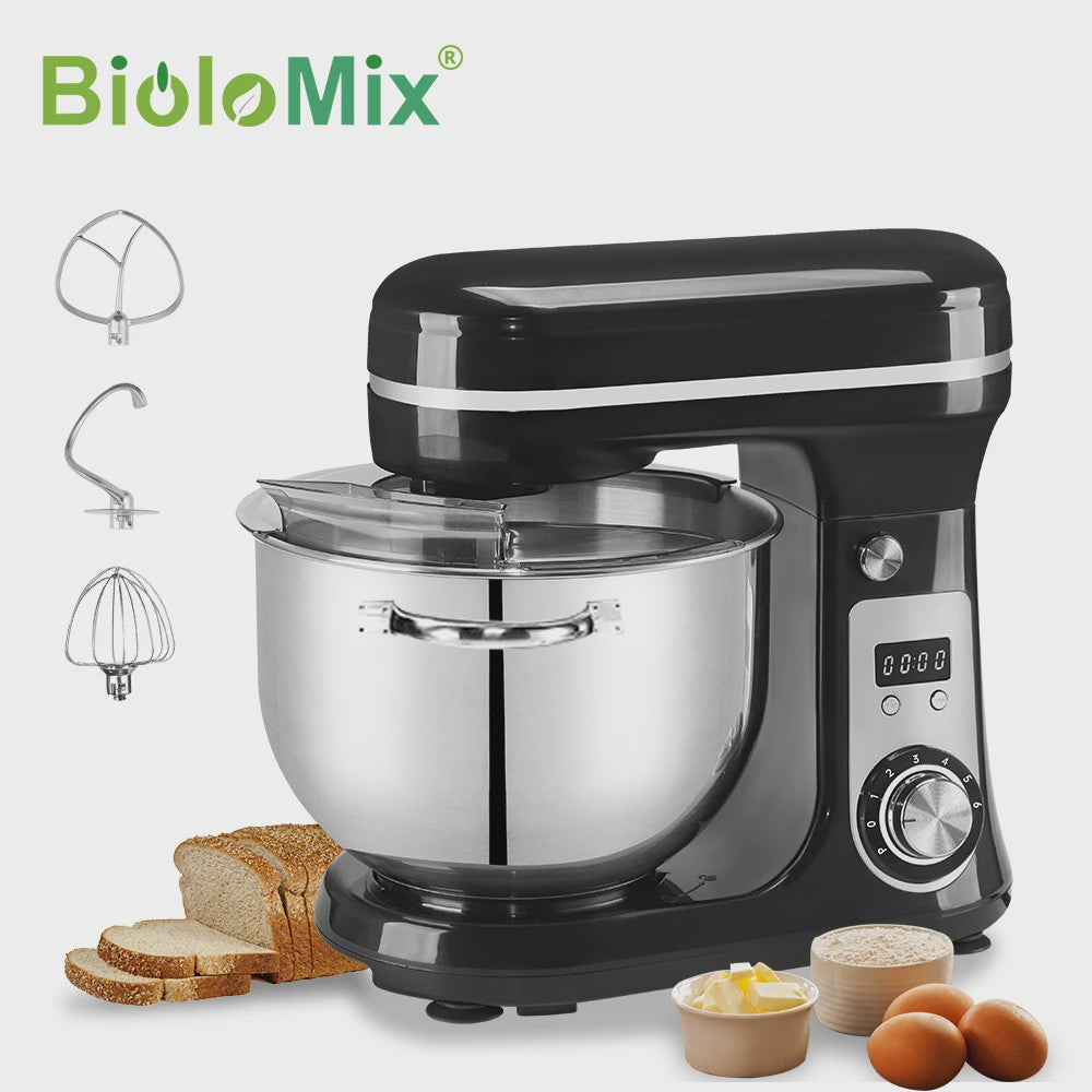 BioloMix Keukenmachine 1200W - 6L RVS Kom, Stille DC Motor, 6 Snelheden & Timer