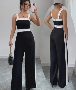 Elegante Zwart-Witte Jumpsuit met Vierkante Hals en Contrastrand - Feestelijke Stijl