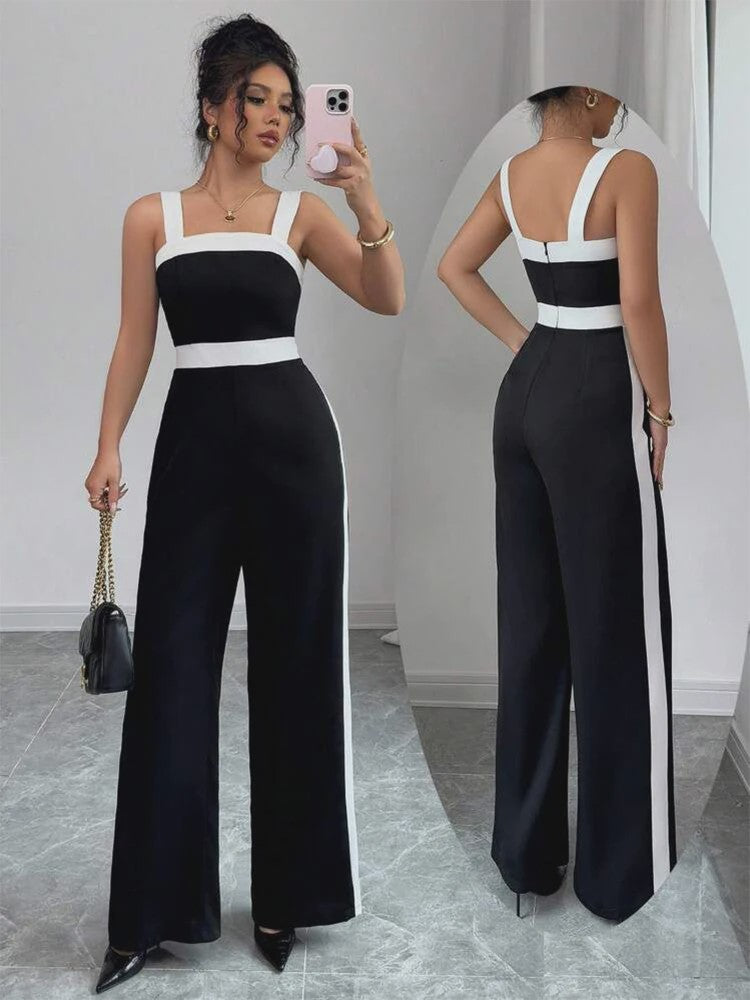 Elegante Zwart-Witte Jumpsuit met Vierkante Hals en Contrastrand - Feestelijke Stijl