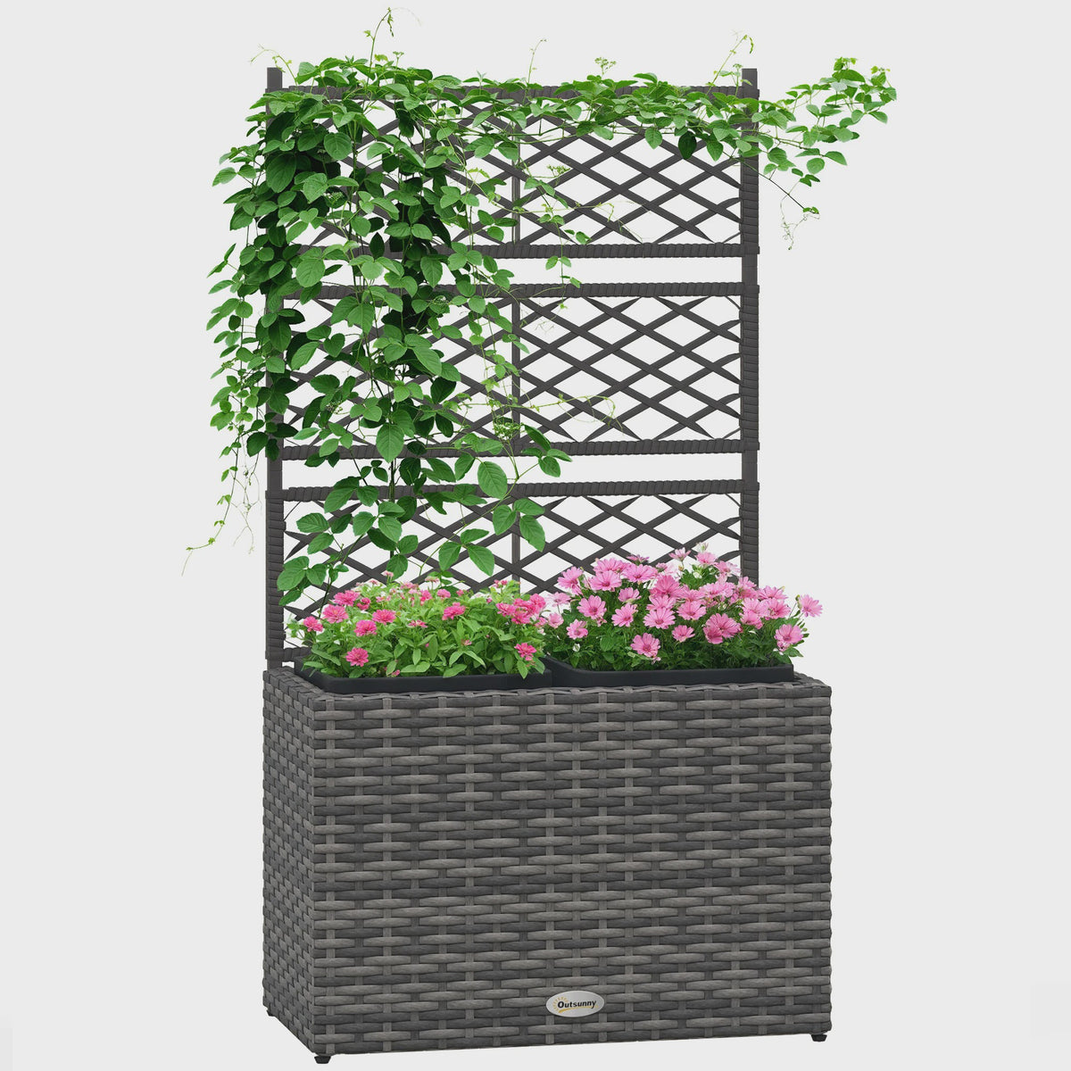 Outsunny Plantenbak met Klimrek - 3 Bakken, 22L, Grijs Rotan Look
