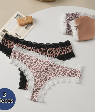 3-Pack Dames Slipjes met Kantrand - Low-Waist Thong & G-String in Luipaardprint en Effen Kleuren