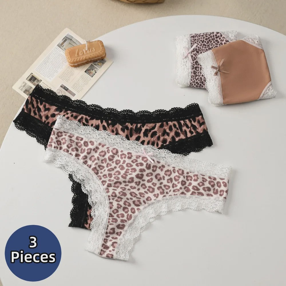 3-Pack Dames Slipjes met Kantrand - Low-Waist Thong & G-String in Luipaardprint en Effen Kleuren