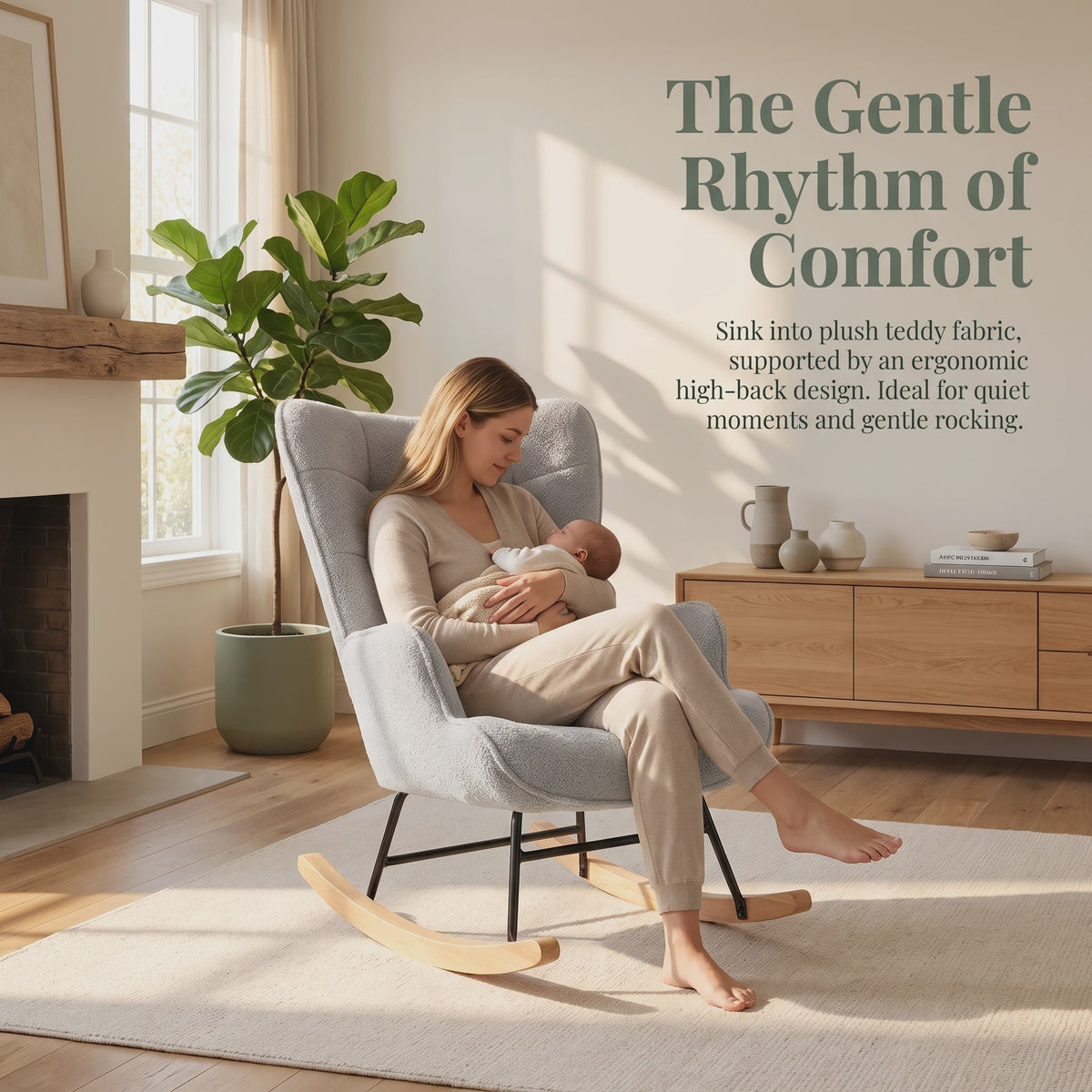 Anajqaqia Schommelstoel Teddy Stof Lichtgrijs - Comfortabele Relaxfauteuil