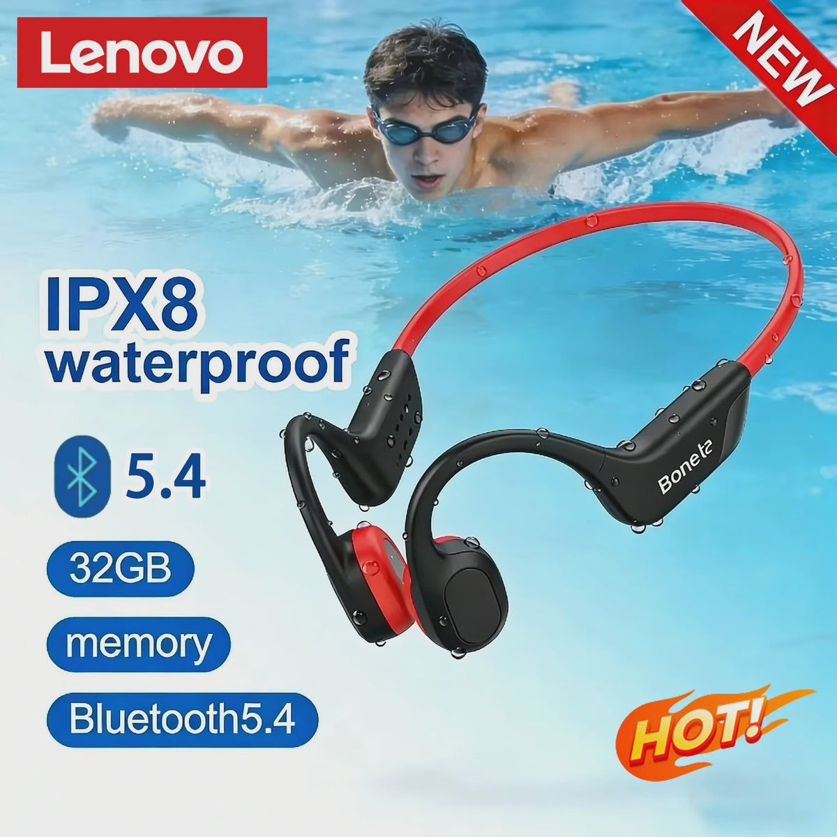 Lenovo Bone Conduction Koptelefoon - Draadloos, Waterdicht & Bluetooth 5.4 voor Sport & Zwemmen