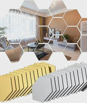 Zelfklevende Hexagon Acryl Spiegel Muursticker - Goud/Zilver - Decoratief & Verwijderbaar