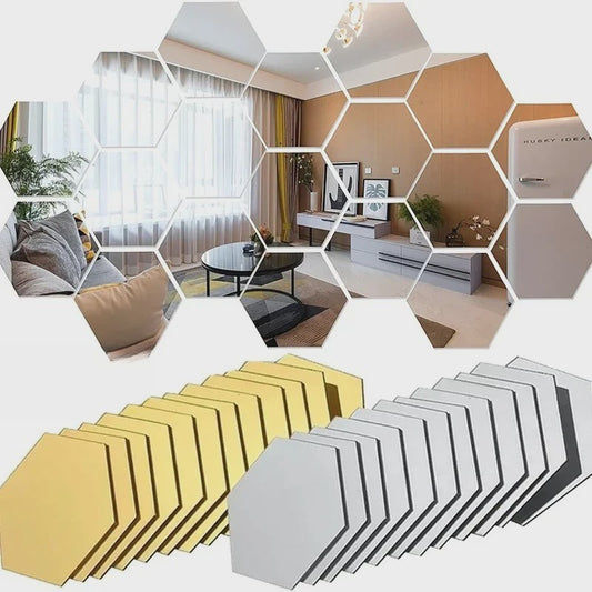 Zelfklevende Hexagon Acryl Spiegel Muursticker - Goud/Zilver - Decoratief & Verwijderbaar