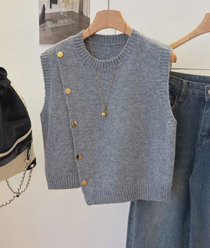 Gebreide Vest Trui Dames - Effen Kleur, Casual & Veelzijdig, Kort Model met Knopen
