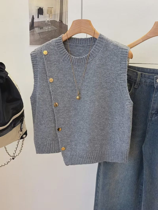 Gebreide Vest Trui Dames - Effen Kleur, Casual & Veelzijdig, Kort Model met Knopen