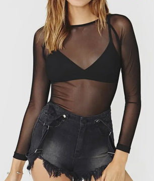 Dames Mesh Top Zwart Lange Mouw Transparant Sexy Streetwear