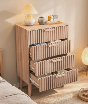 Scandinavische Houten Ladekast met 4 Laden - Ribbel Front & Houten Poten