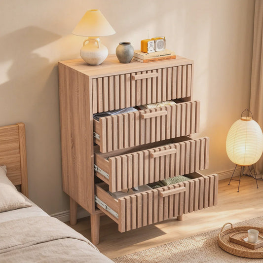 Scandinavische Houten Ladekast met 4 Laden - Ribbel Front & Houten Poten