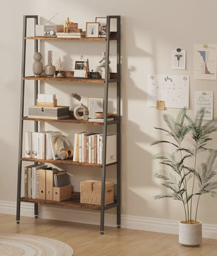 5-Laags Ladder Boekenkast - Smal Houten Wandrek met Metalen Frame