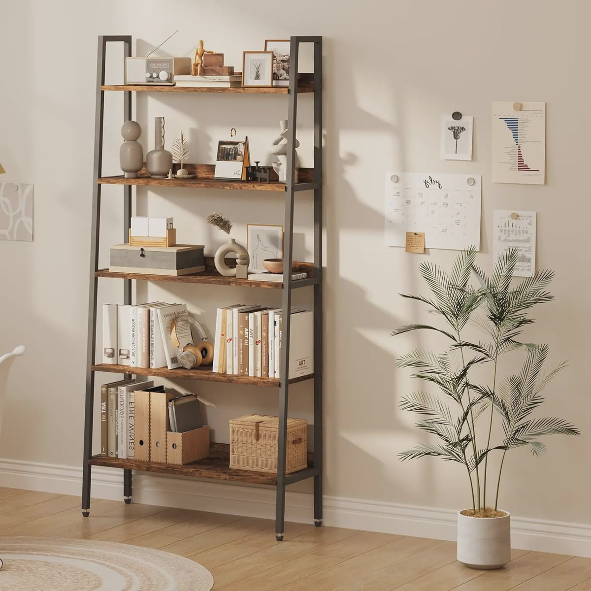 5-Laags Ladder Boekenkast - Smal Houten Wandrek met Metalen Frame
