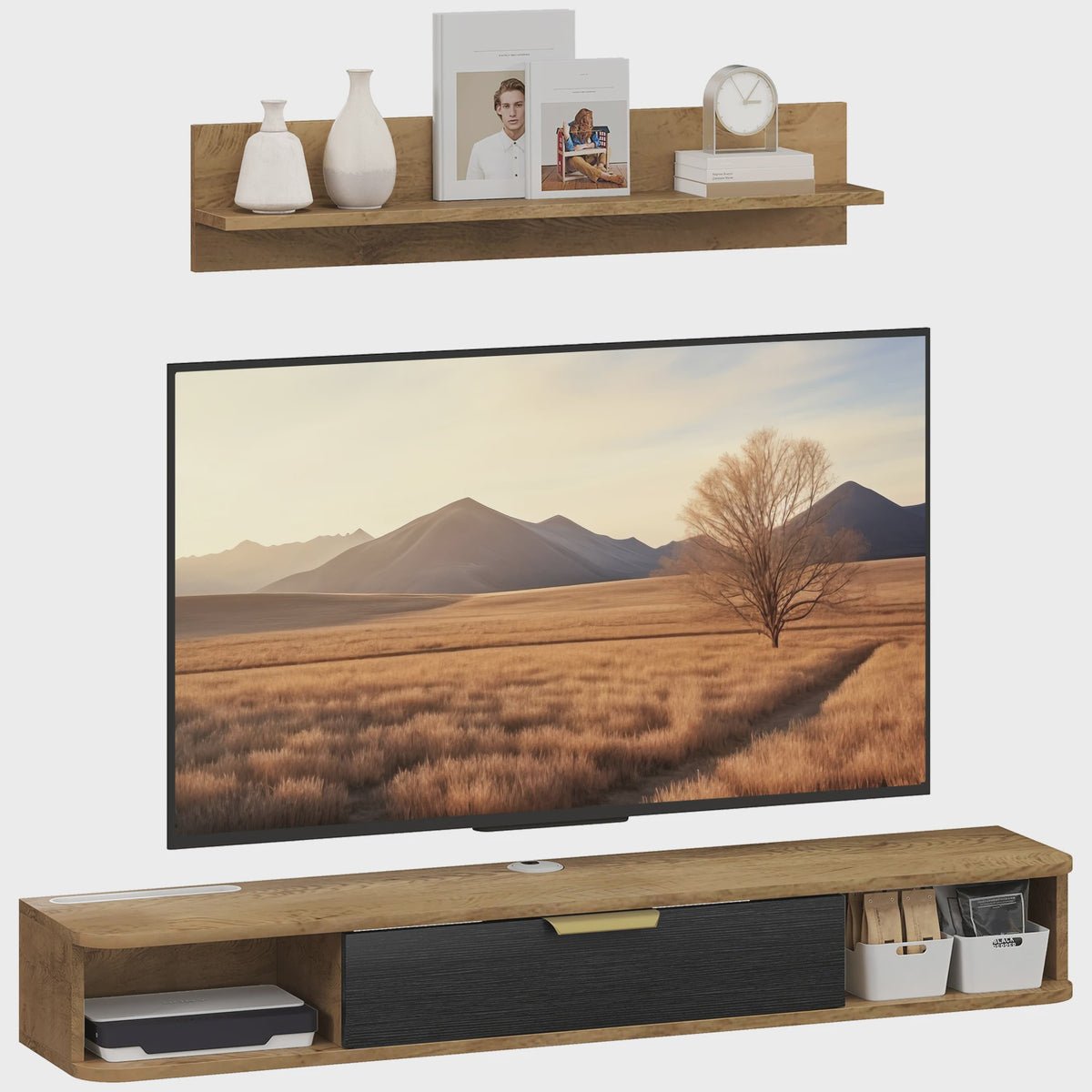 Zwevende TV Meubel met Wandrek in Eikenlook - 120 cm Breed