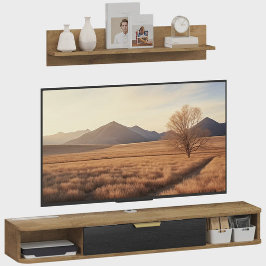 Zwevende TV Meubel met Wandrek in Eikenlook - 120 cm Breed