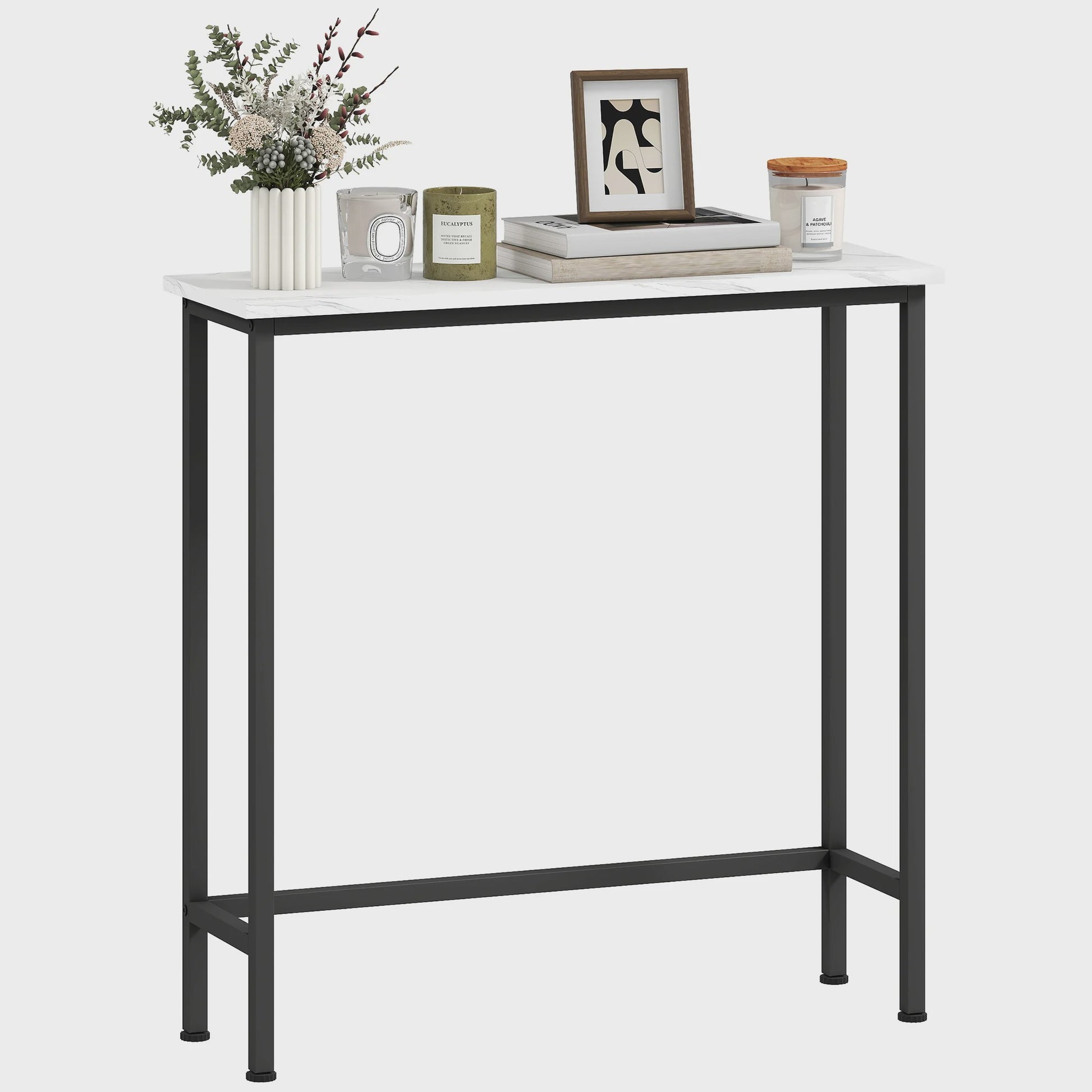 Smalle Hal Console Tafel met Marmerlook en Zwart Metaal Frame - 75x24x76 cm