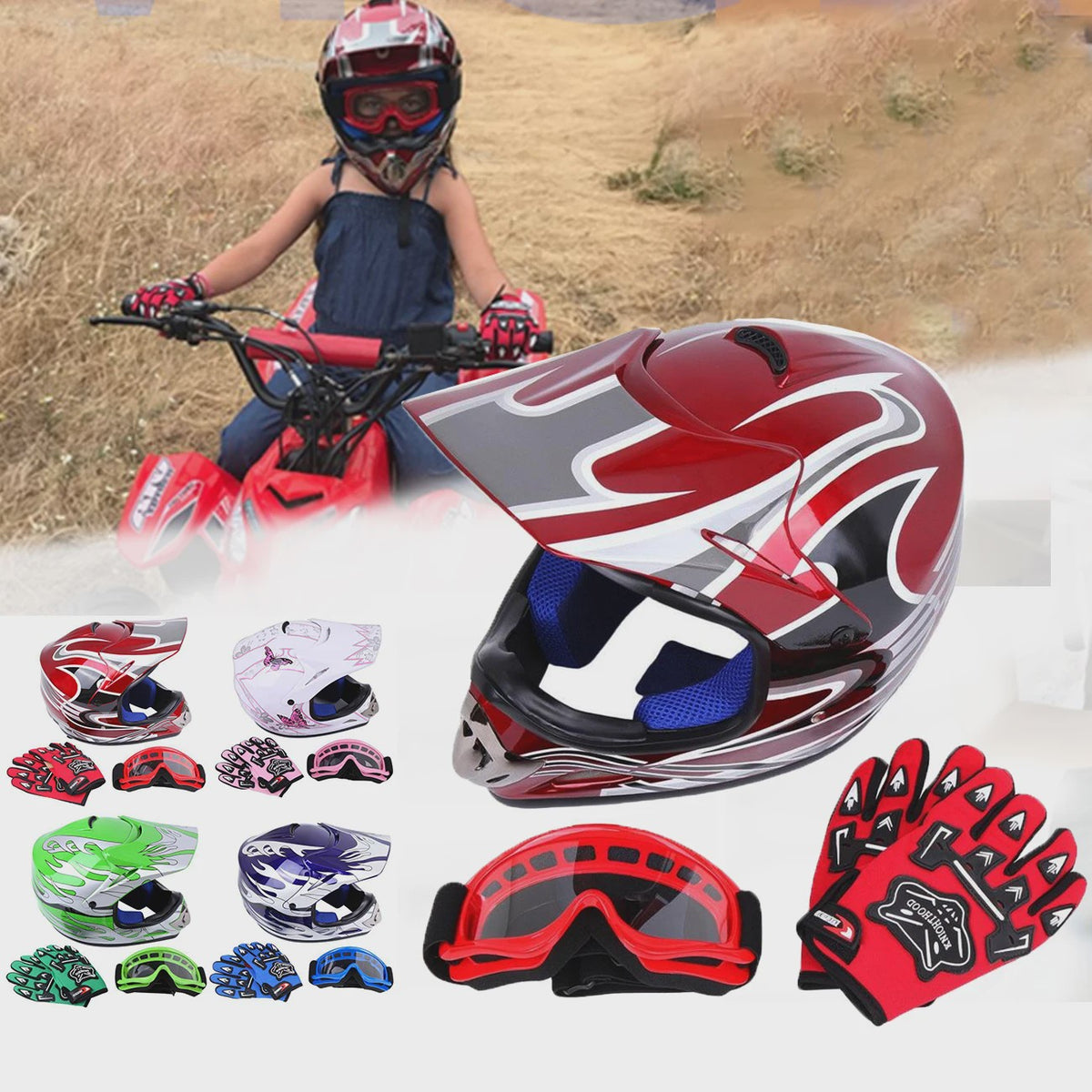 DOT Kinder Motorcross Helm Full Face met Vizier, Bril en Handschoenen - Veilig en Stijlvol