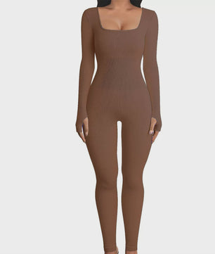 Ribbel Jumpsuit Dames - Naadloos Seamless Sport Bodysuit met Lange Mouwen