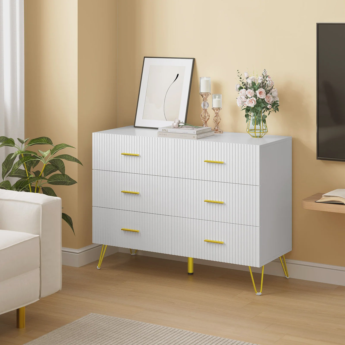 Witte Ladekast met 6 Lades - 100x75x40cm - Goudkleurige Poten - Sideboard voor Woonkamer & Slaapkamer