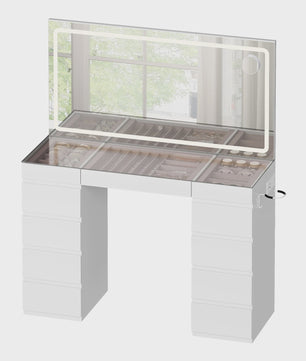 WOLTU Kaptafel met LED Spiegel, 11 Lades, Glazen Top & Oplaadpunt - Luxe Make-up Tafel