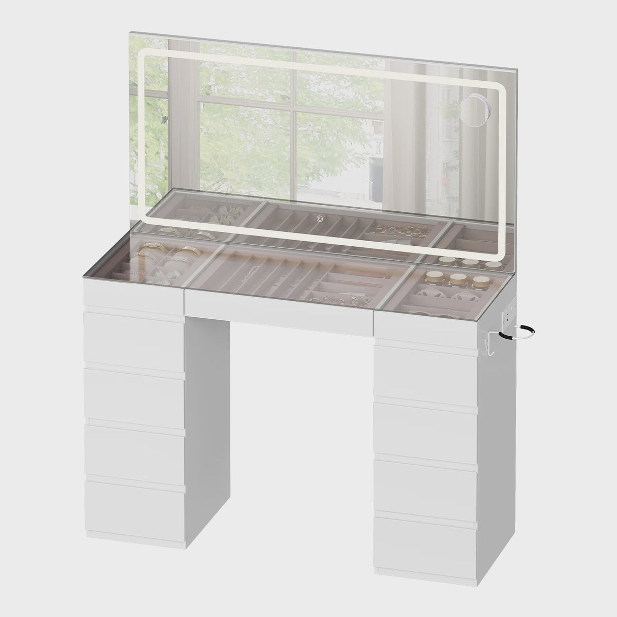 WOLTU Kaptafel met LED Spiegel, 11 Lades, Glazen Top & Oplaadpunt - Luxe Make-up Tafel