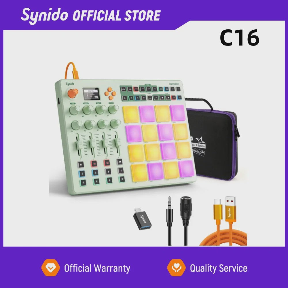 Synido TempoPAD C16: Draadloze MIDI Pad Controller met 16 RGB Beat Pads & Sequencer