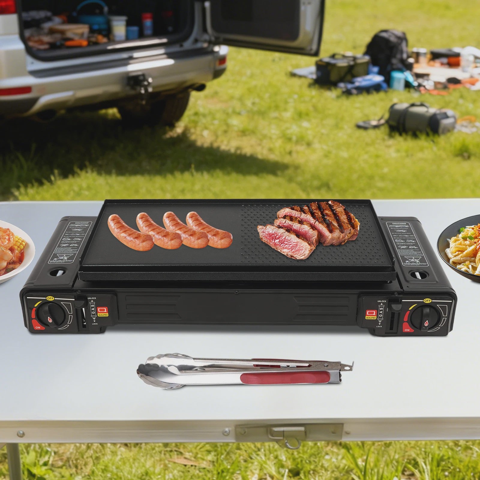Draagbaar Camping Gasfornuis met 2 Brander, Bakplaat & Koffer
