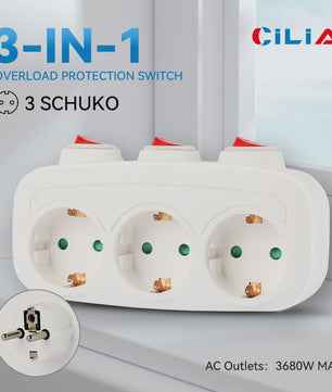 CILIA 3-in-1 Stekkerdoos met 3 Schakelaars - EU Schuko Stopcontacten