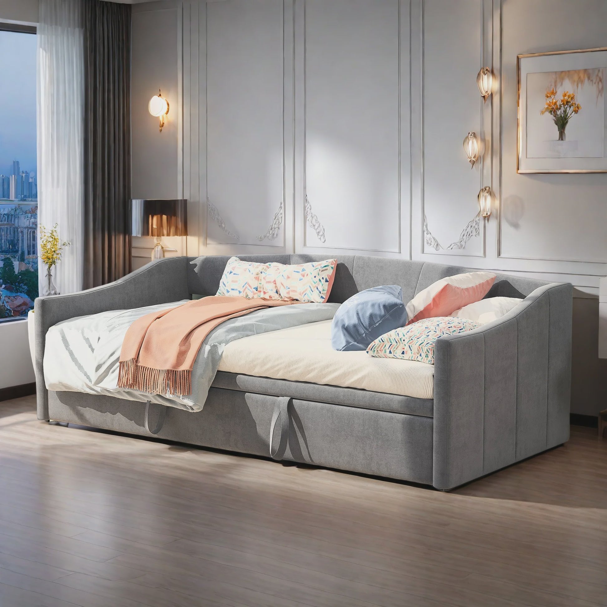 Uitschuifbare Daybed Sofa Bed 90/180x200 cm - Gestoffeerd Slaapbank met Uittrekbaar Bed