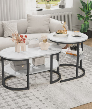 Set van 2 Moderne Salontafels met Marmerlook Blad en Stalen Onderstel