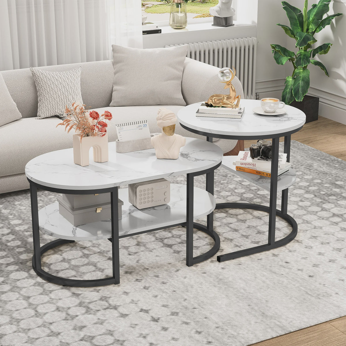 Set van 2 Moderne Salontafels met Marmerlook Blad en Stalen Onderstel