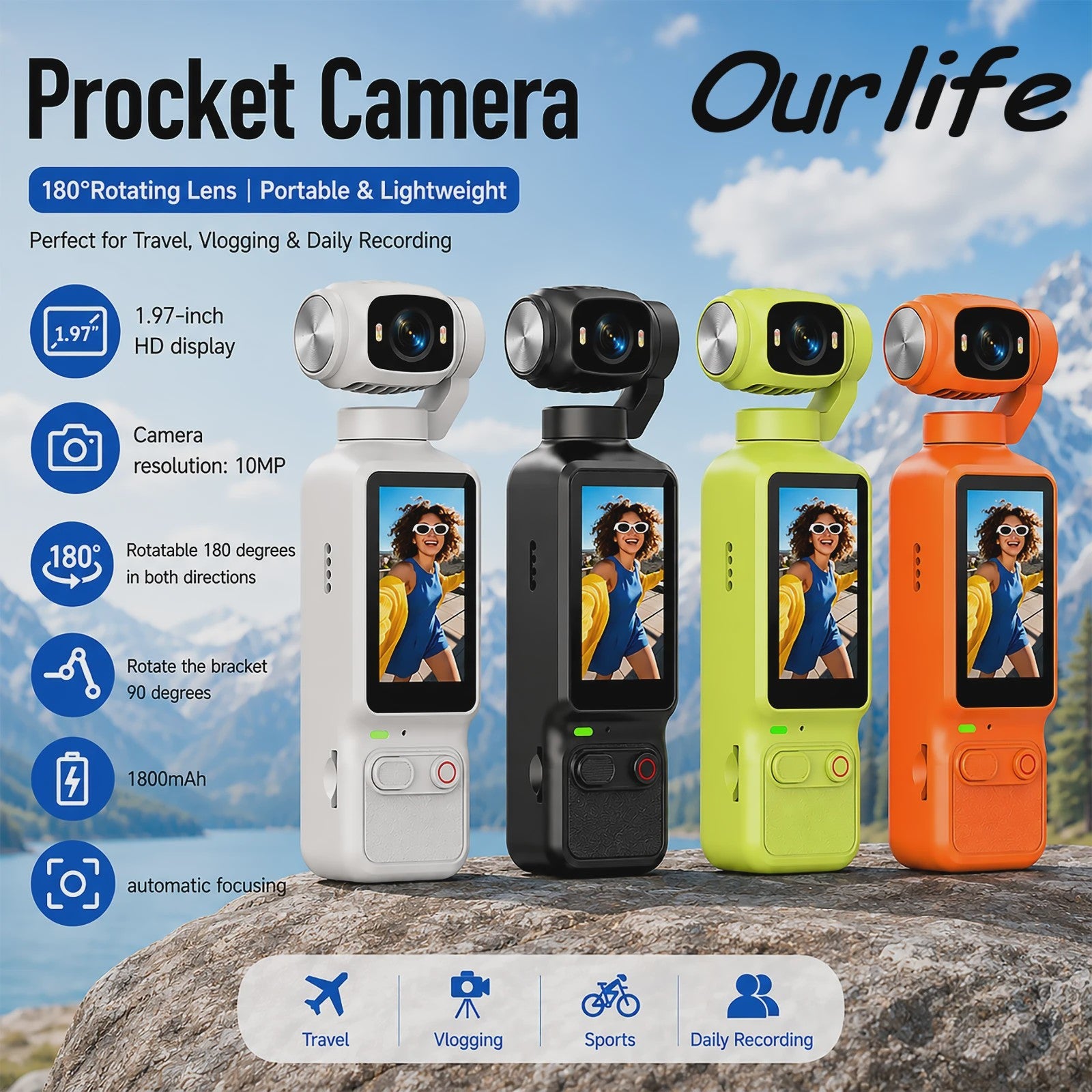 Ourlife 4K Action Camera met 180° Roteerbare Lens & 1.97" Scherm - Perfect voor Vlogs & Sport