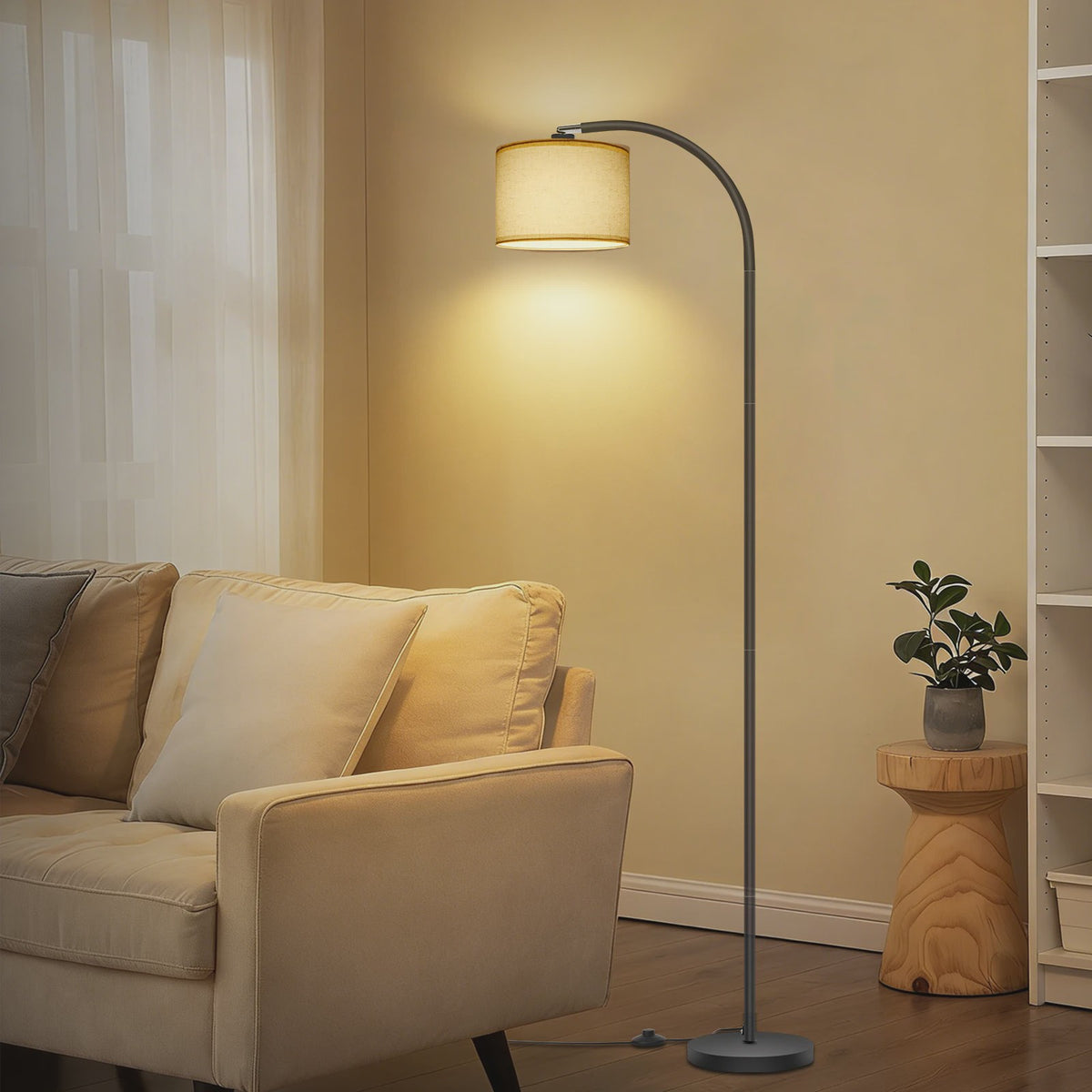 Verstelbare Boog Vloerlamp met Linnen Kap - 12W Warm Wit Licht