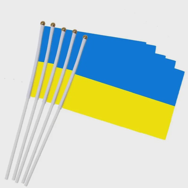 Ukraine Wapperende Handvlag 14x21cm met Witte Stok - Feestdecoratie & Evenementen